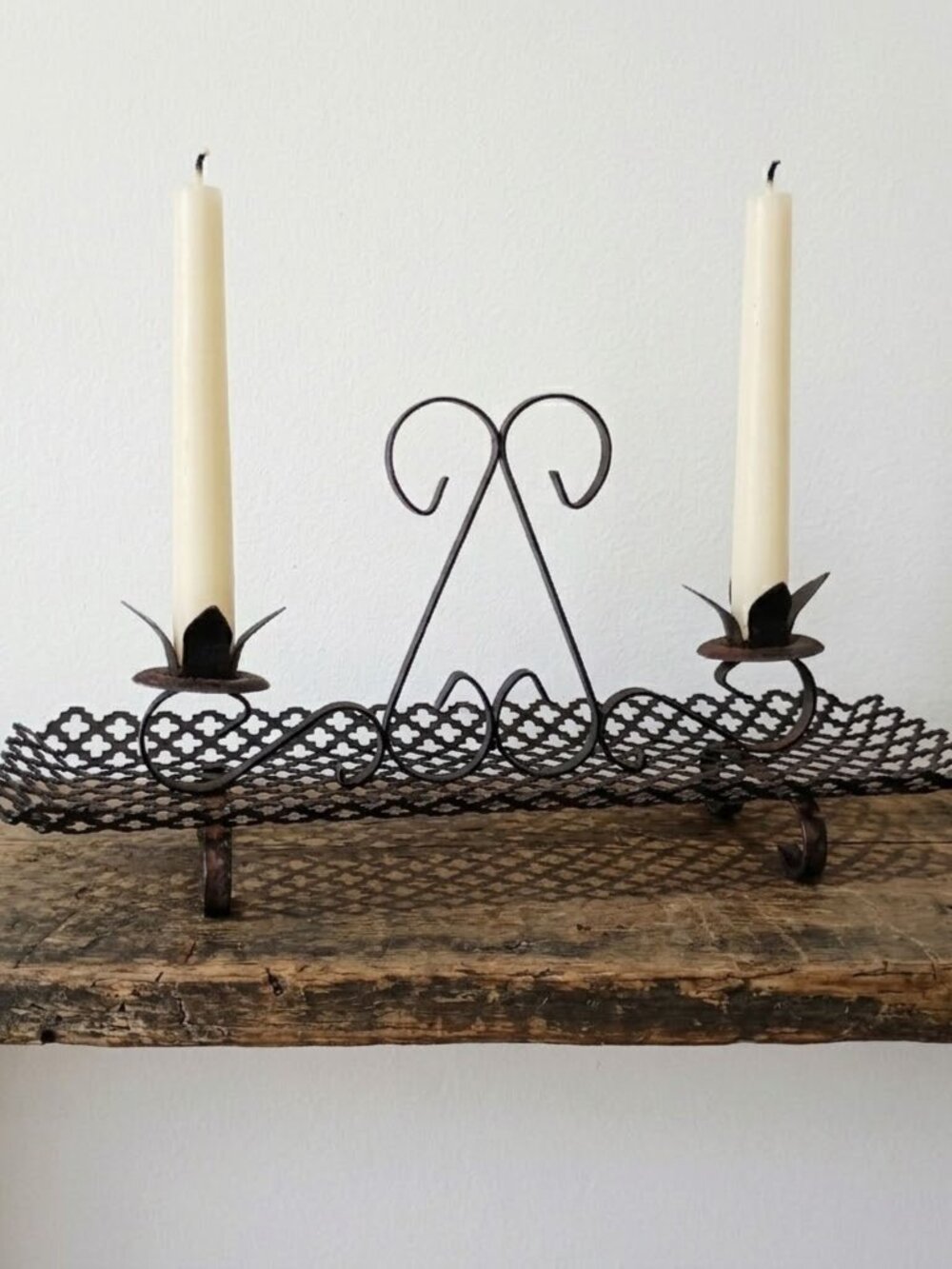Vintage Wrought Iron Candlestick Holder Black Metal Mesh Centerpiece Tray MCM